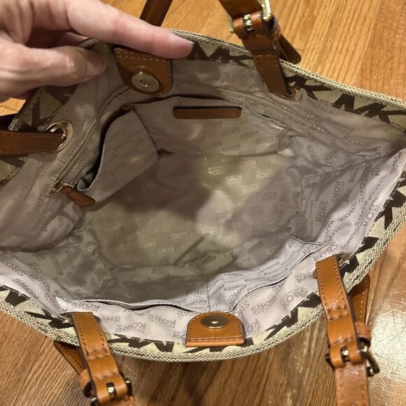 Michael Kors Signature Monogram Tote Handbag Satchel Shoulder Bag Light Brown - Picture 6 of 9